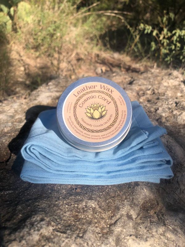 cosmic cord leather wax on blue GOTS organic towel on bulverde rock down in Tejas